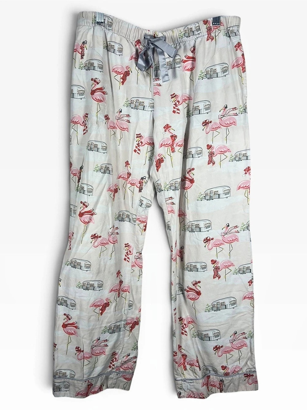 Nick Nora Womens Pajama Pants White Large Cotton Flamingo Camper Holiday Retro